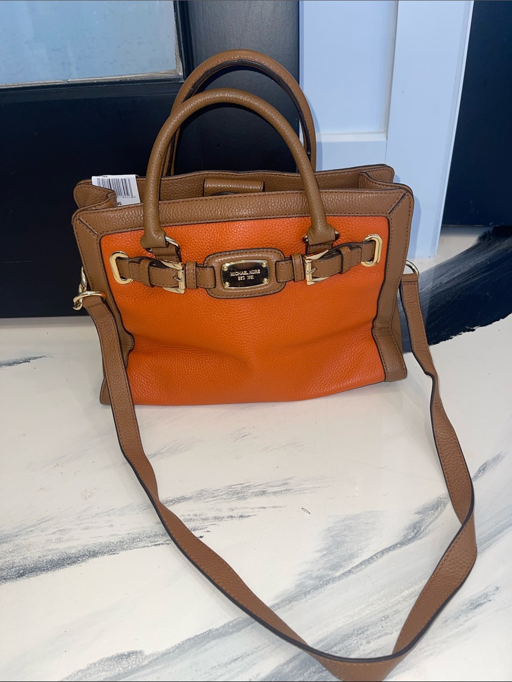 Michael Kors Orange and Tan Leather Satchel with Gold Hardware